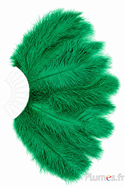 Waaier van struisvogelveren - 20 veren, wit leer - groen